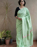 Exclusive Collection Khadi Cotton Handloom Khesh Saree With Blouse Piece - Light Green | Grocsy