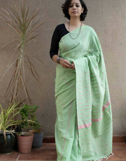 Exclusive Collection Khadi Cotton Handloom Khesh Saree With Blouse Piece - Light Green | Grocsy