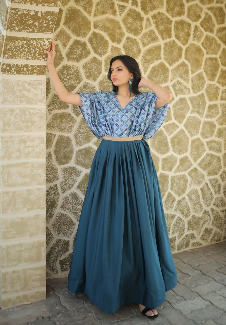 Jyoti Fashion Women's Teal Printed with Sequins Chinon Anarkali Dress | Grocsy