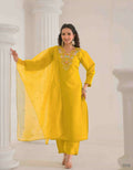 Ethnic Festive Wear Viscose Chanderi Yellow Stitched Suit With Dupatta - Tanisha | Grocsy