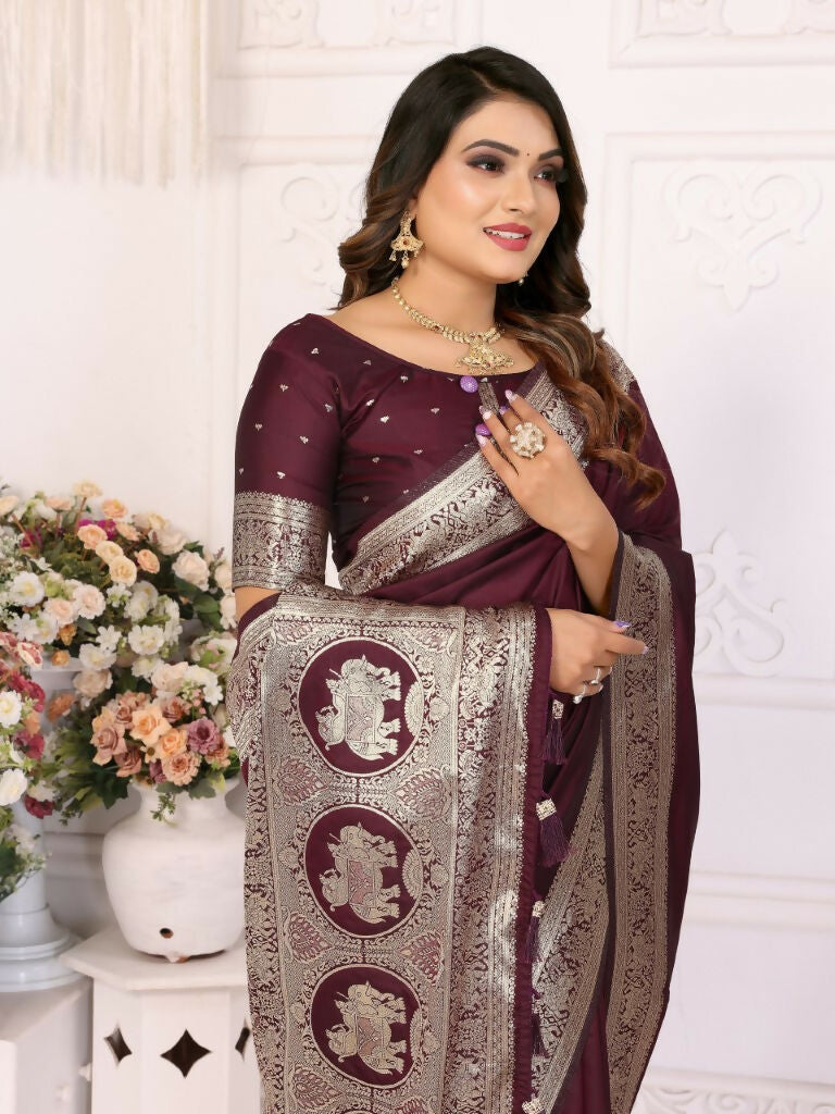 Anaita Dark Brown Banarasi Silk With Beautiful Gala Weaving Saree With Blouse | Grocsy