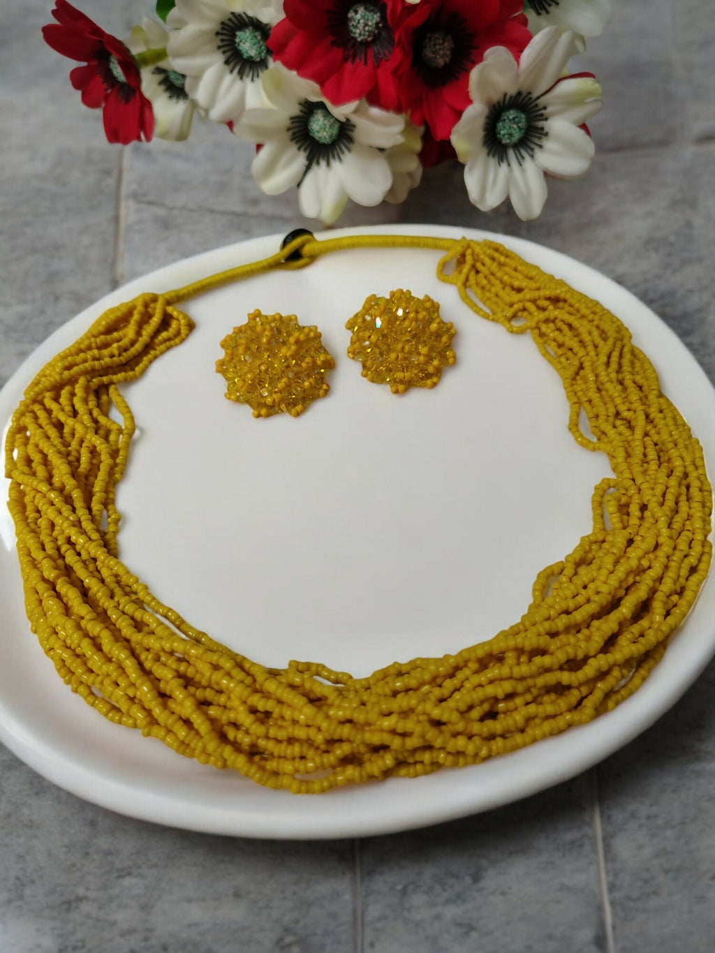 Inhanns Vibrant Handmade 20 Layers Beaded Necklace With Matching Earrings - Yellow | Grocsy