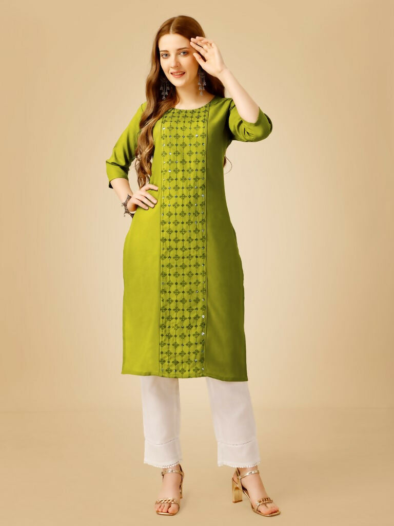 Jyoti Fashion Women's Green Cotton Blend Embroidered Kurta Pant Set | Grocsy