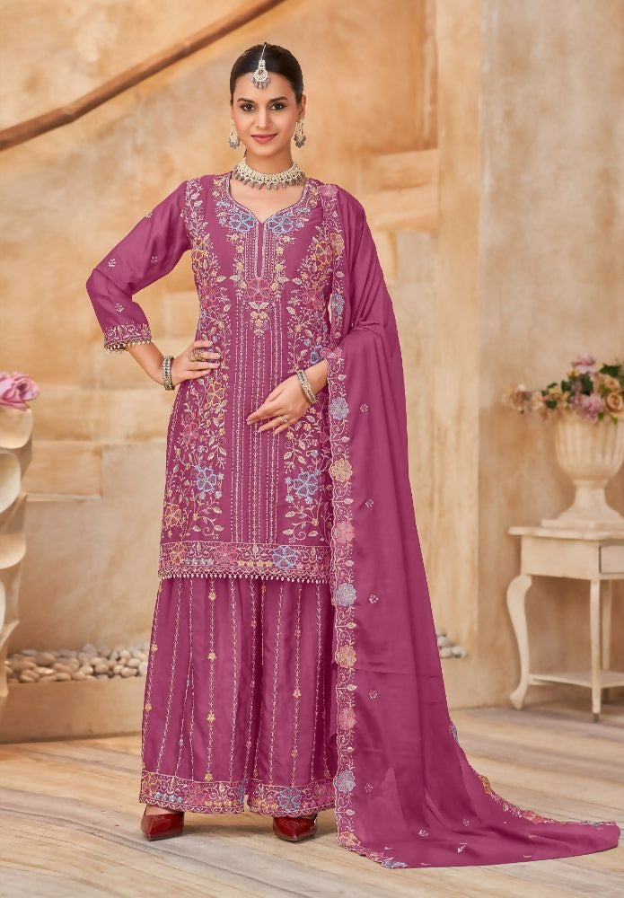 Anaita Magenta Vichitra Silk Readymade Palazzo Suit with Embroidery & Lace Work | Grocsy