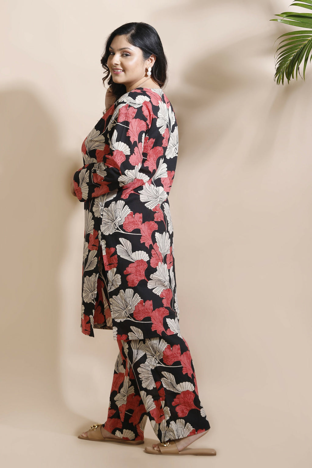 Breathables Black Floral Print Cotton Long Kurta Co-Ord Set Cotton | Grocsy