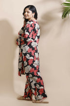 Breathables Black Floral Print Cotton Long Kurta Co-Ord Set Cotton | Grocsy