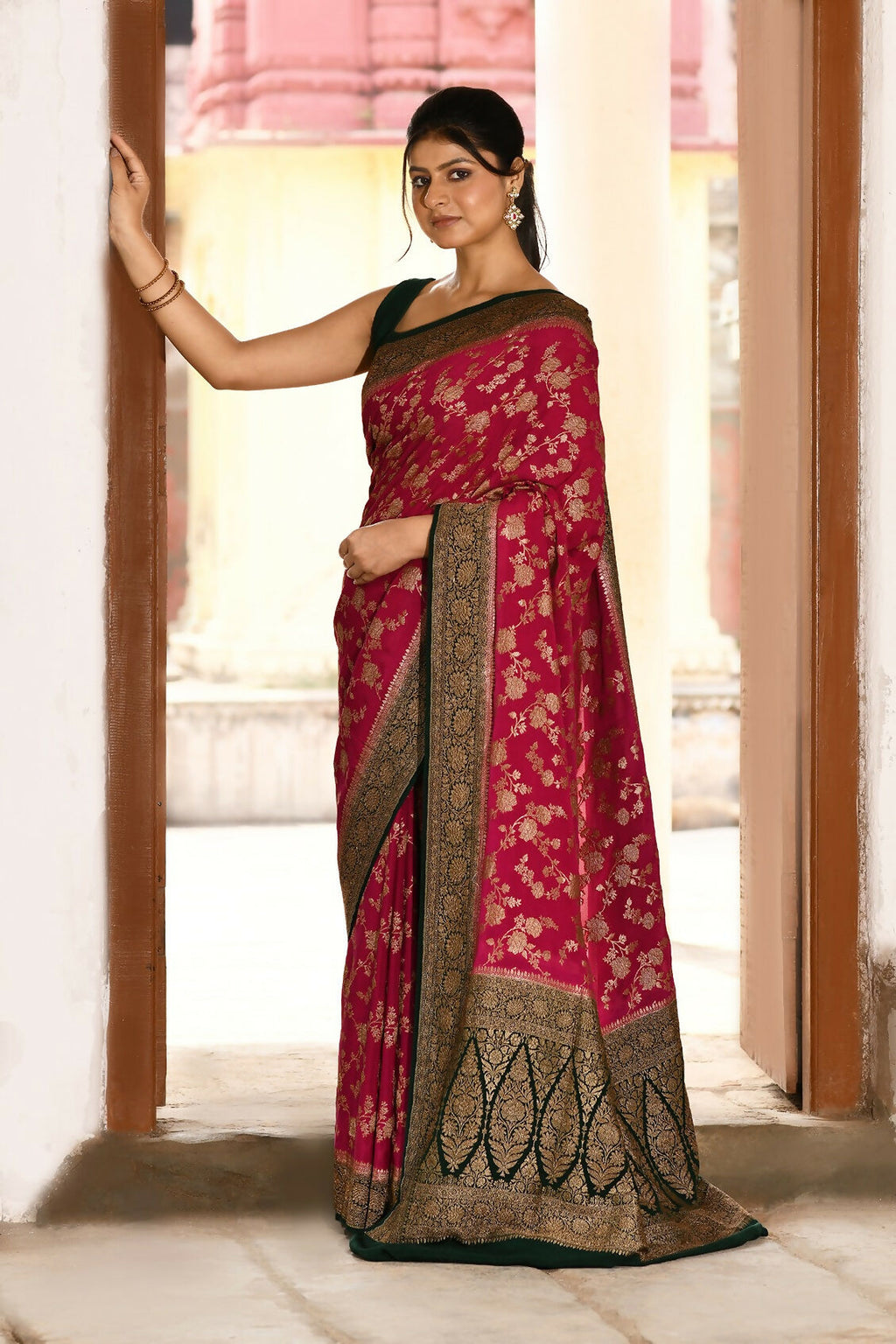 Joban Fashion Hot Pink Crepe Chiffon Pure Handloom Banarasi Silk Saree | Grocsy