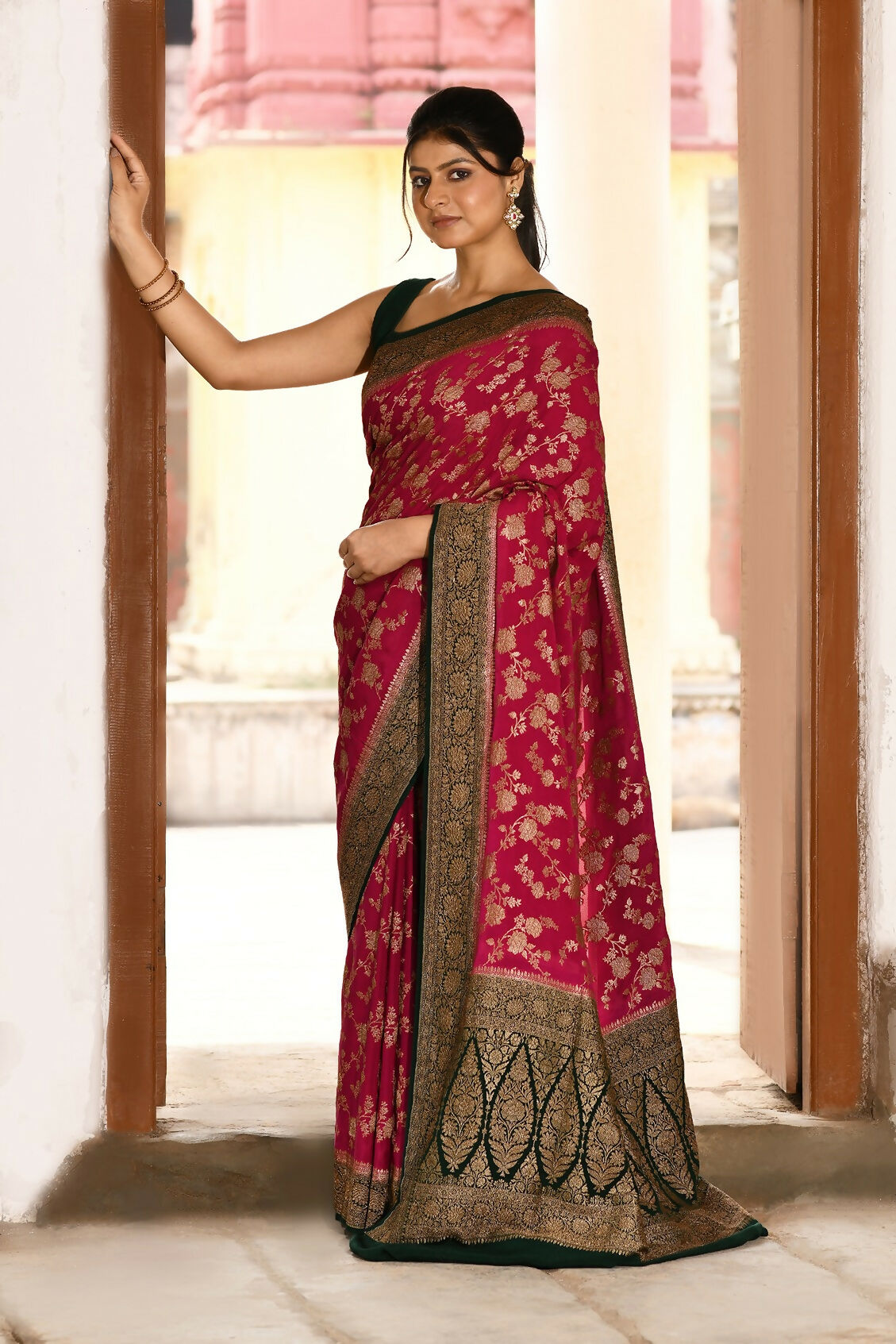 Joban Fashion Hot Pink Crepe Chiffon Pure Handloom Banarasi Silk Saree | Grocsy