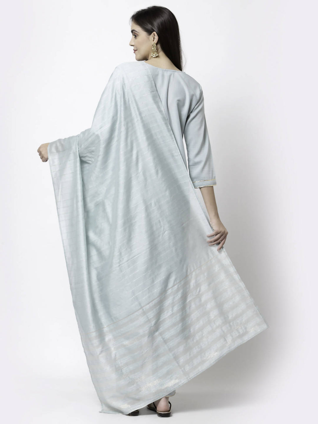 Myshka Grey Silk Blend Embroidered 3/4 Sleeve Round Neck Kurta Pant Dupatta Set | Grocsy