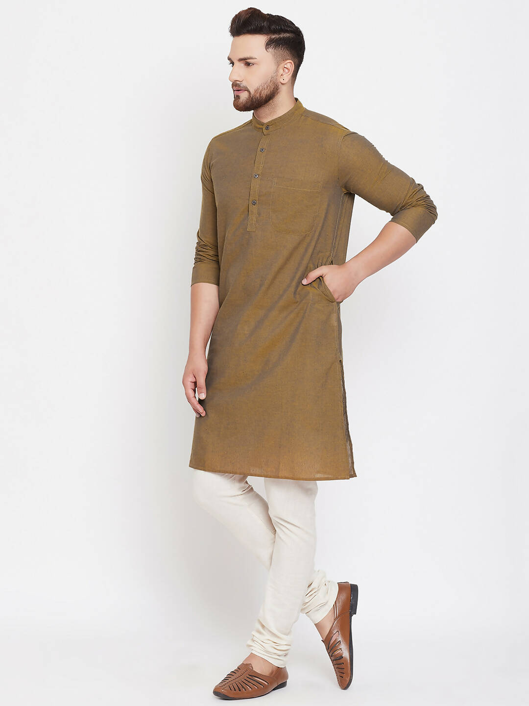Even Apparels Brown Pure Cotton Men's Kurta With Band Collar | Grocsy