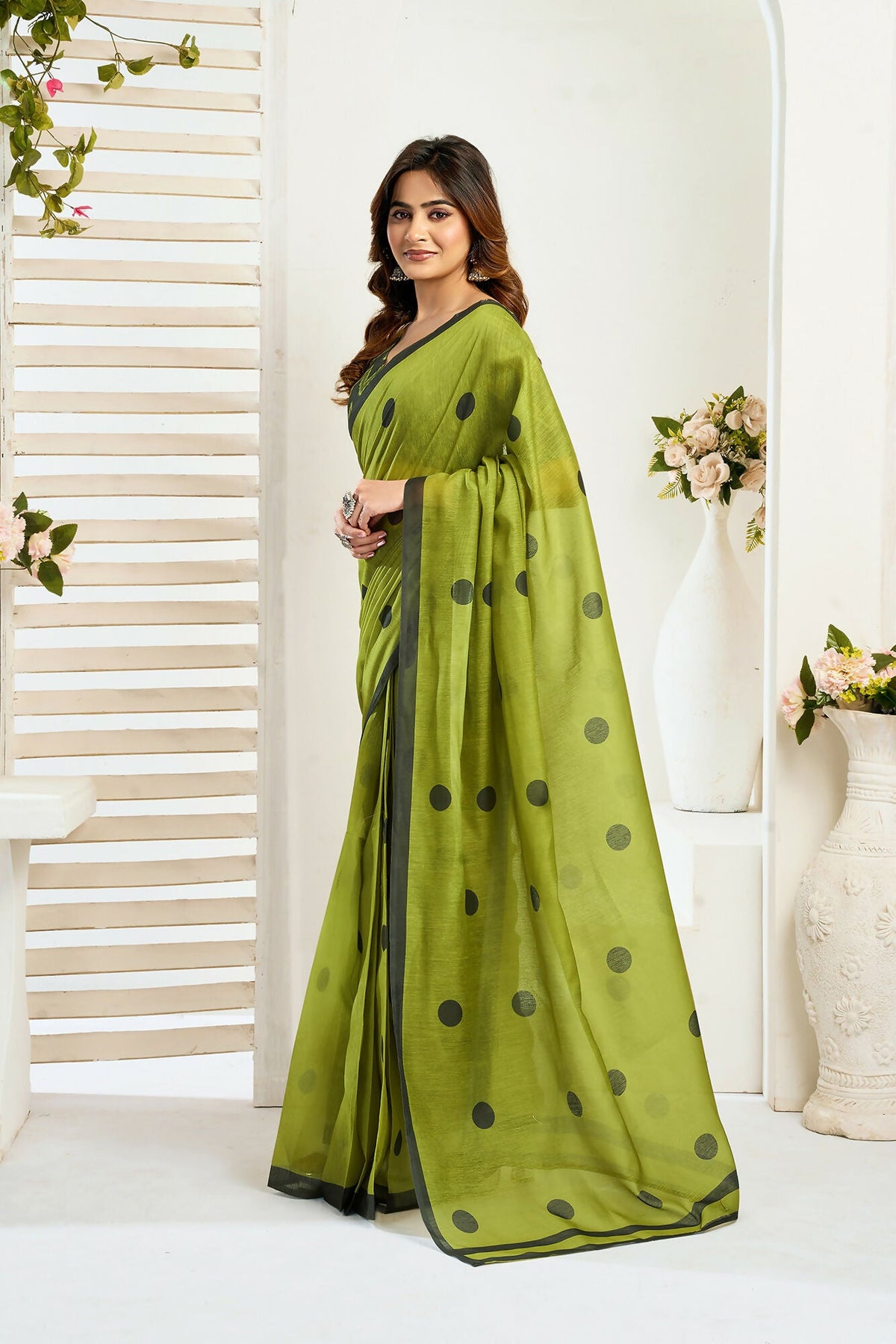 Vastranavya Olive Digital Printed Linen Ready To Wear Designer Saree with Unstitched Blouse | Grocsy