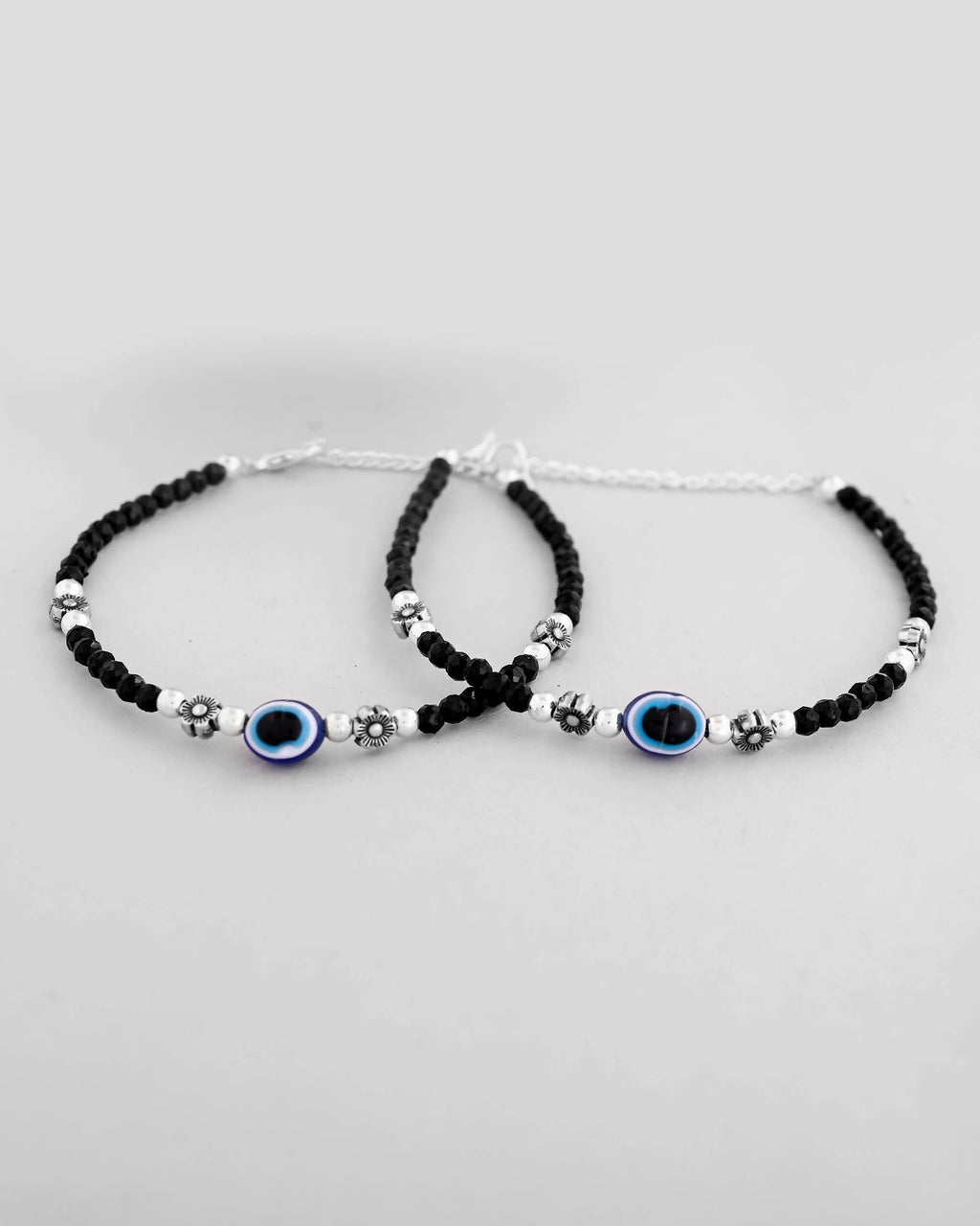VOJ Set of 2 Evil Eye Black with Flower Shaped Beads Anklet | Grocsy
