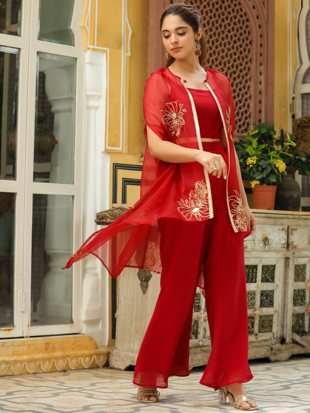 Janasya Maroon Georgette Solid Top Bottom Cape | Grocsy