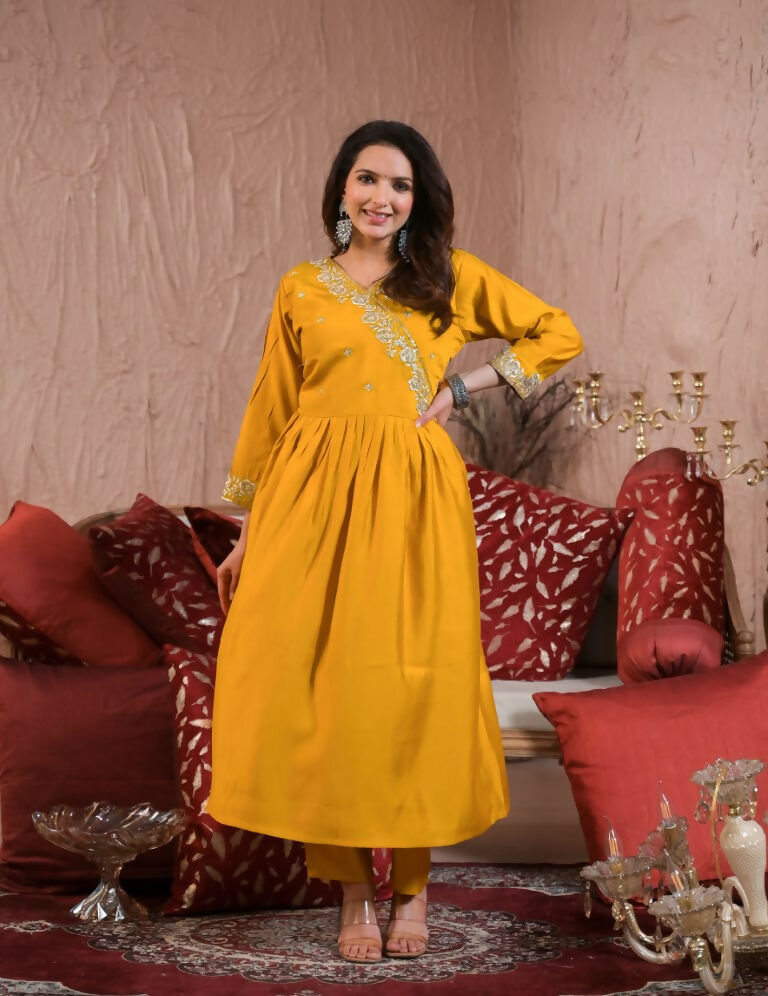 Ethnic Festive Wear Viscose Chanderi Yellow Stitched Suit With Dupatta - Tanisha | Grocsy