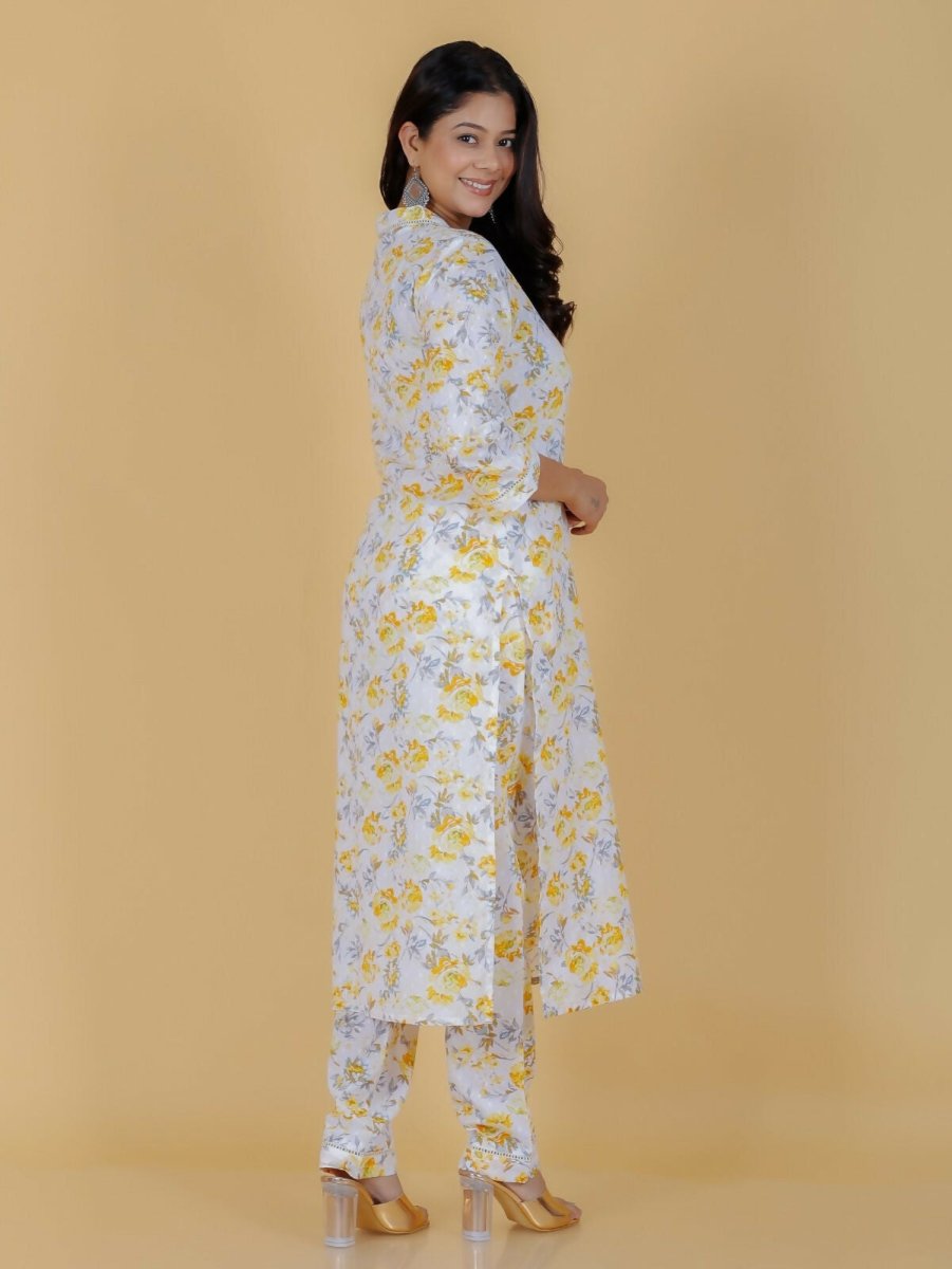 Aramya Yellow Soft Cotton Floral Print Straight Kurta Pant Set for Women | Grocsy