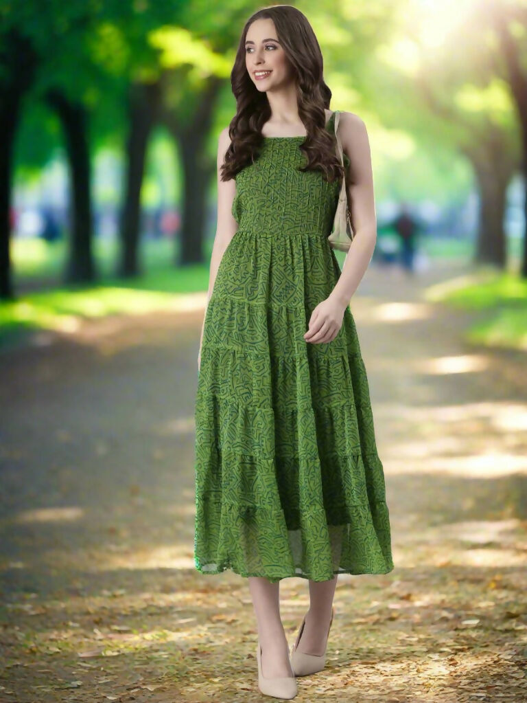 Souchii Green Varlie Printed Tiered Dress – Flowy Fit & Flare | Grocsy