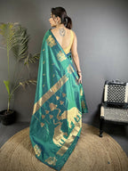 Joban Fashion Dark Teal Motifs Zari Weaving Soft Silk Banarasi Saree | Grocsy