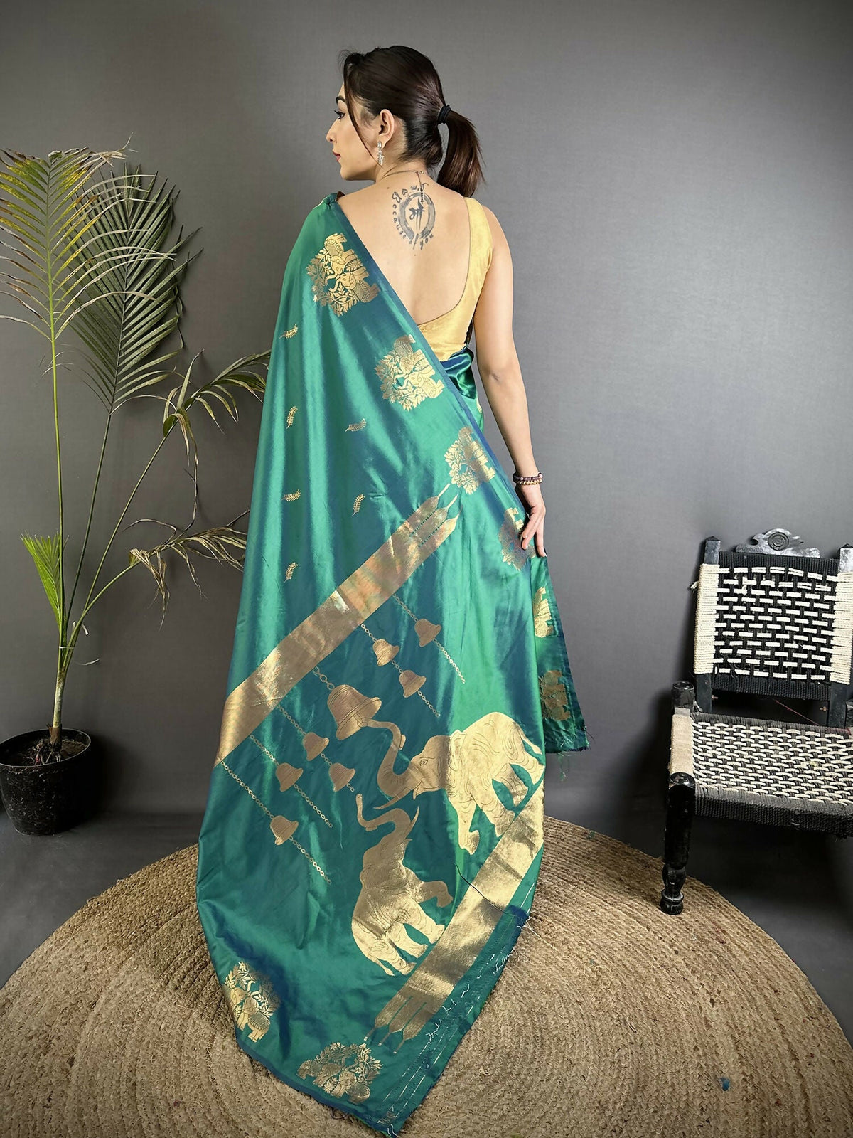 Joban Fashion Dark Teal Motifs Zari Weaving Soft Silk Banarasi Saree | Grocsy