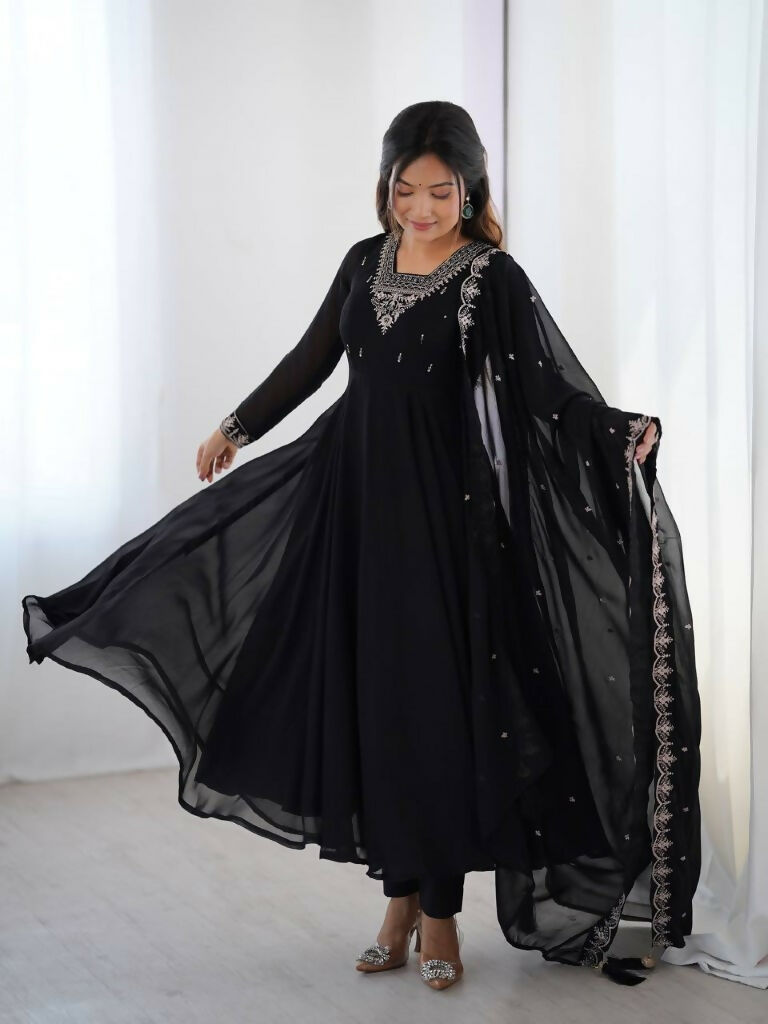 Teeya Creation Black Color Pure Soft Georgette Embroidery Work Gown | Grocsy
