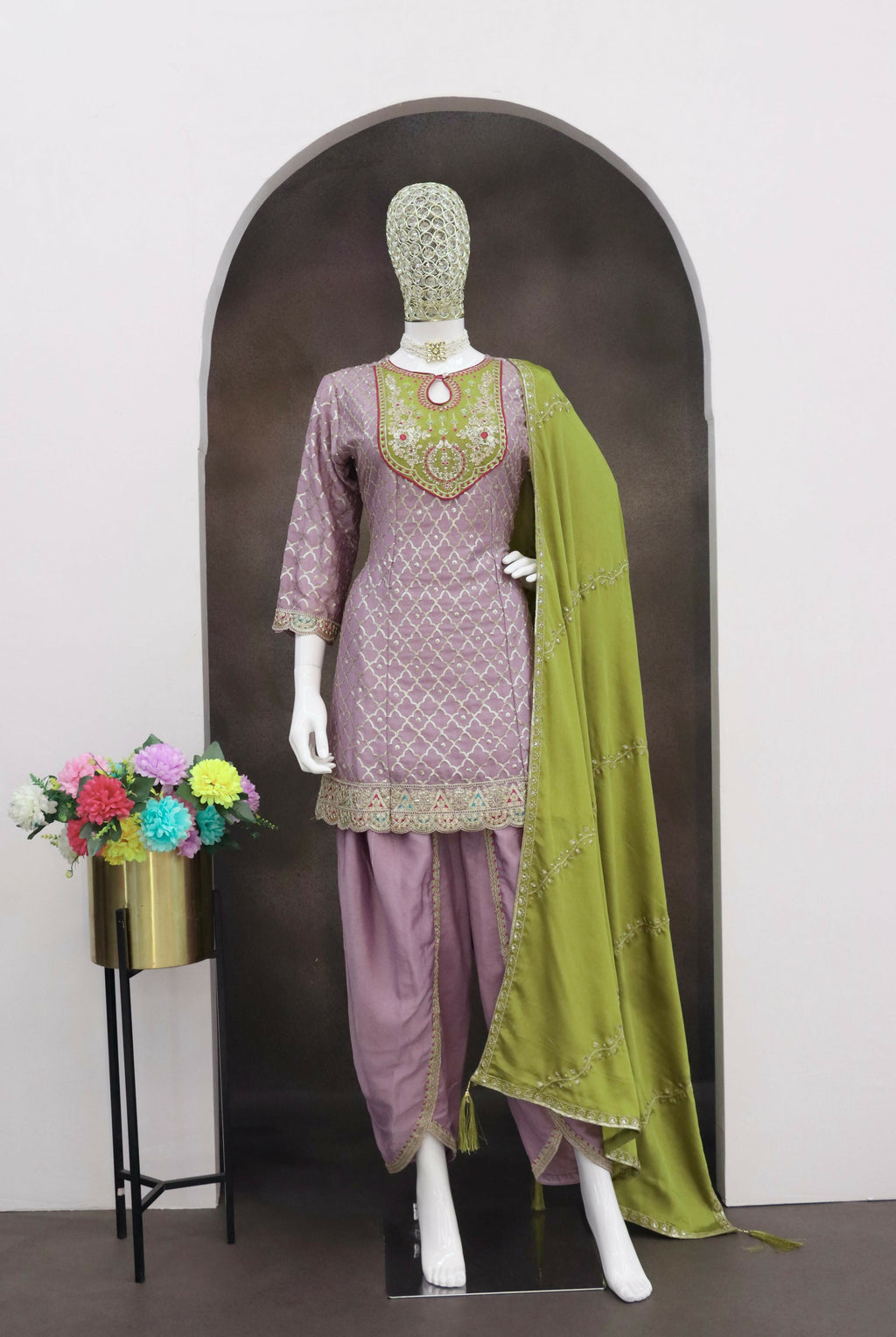 Anaita Lavender Embroidered Silk Stitched Dhoti Suit | Grocsy