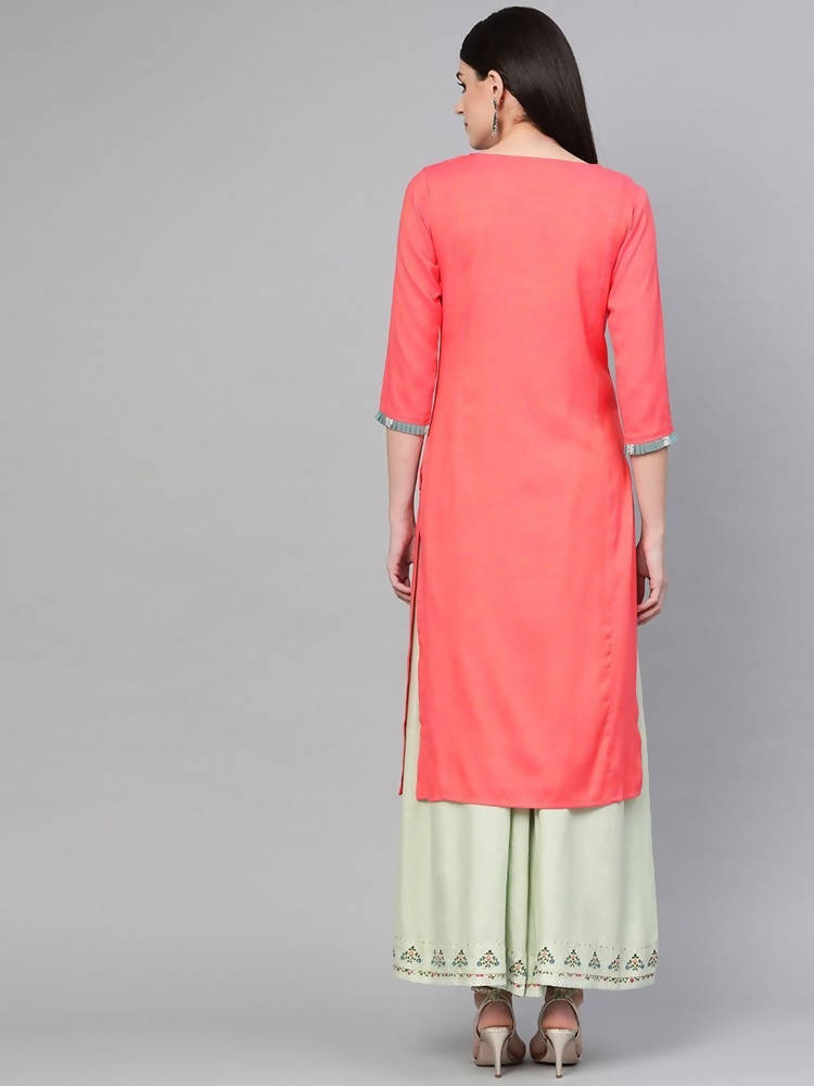 Yufta Women Pink Quirky Embroidered Straight Kurta | Grocsy