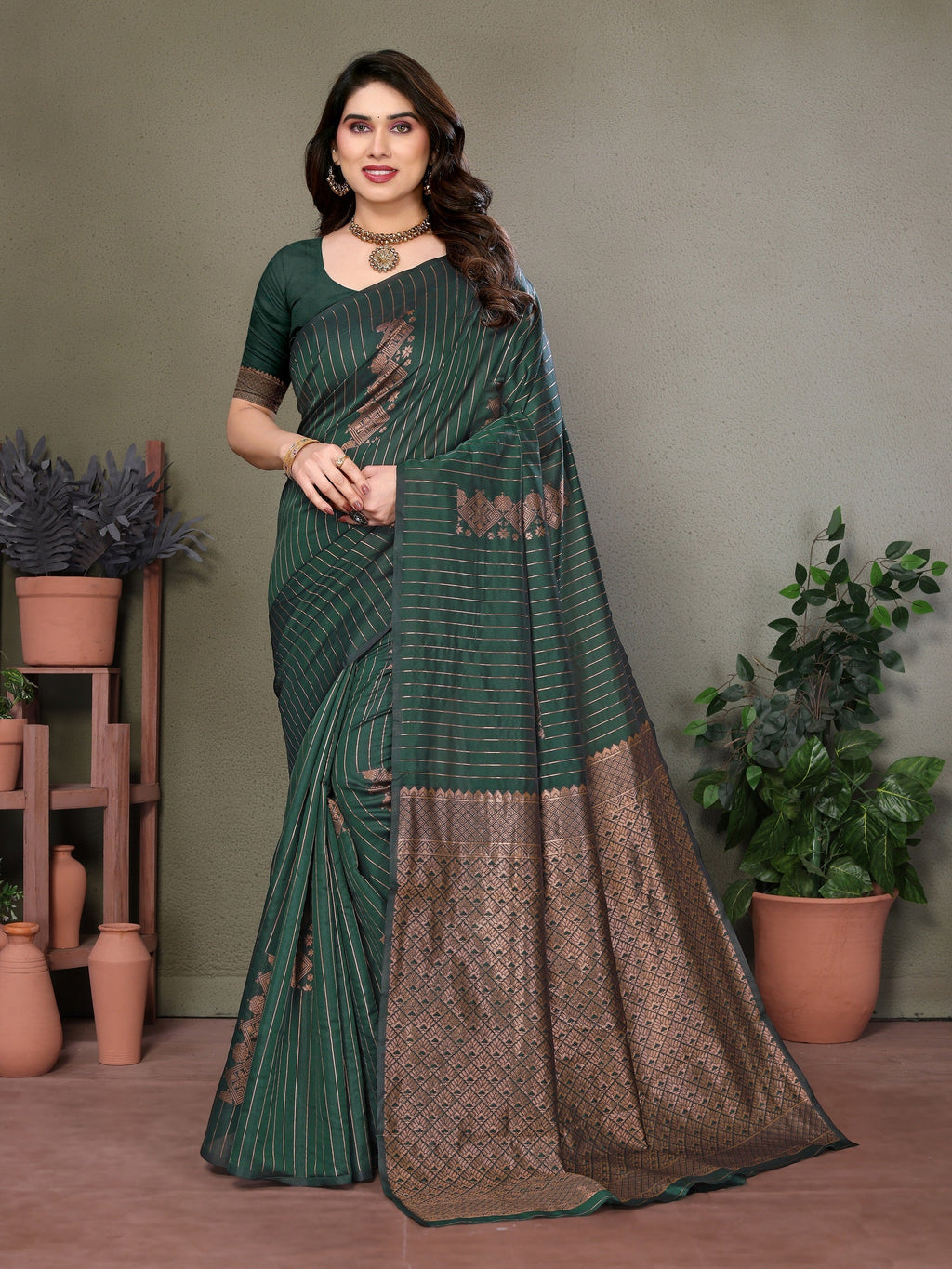 Vedant Vastram Litchi Silk Banarasi Silk Saree - Bottle Green | Grocsy