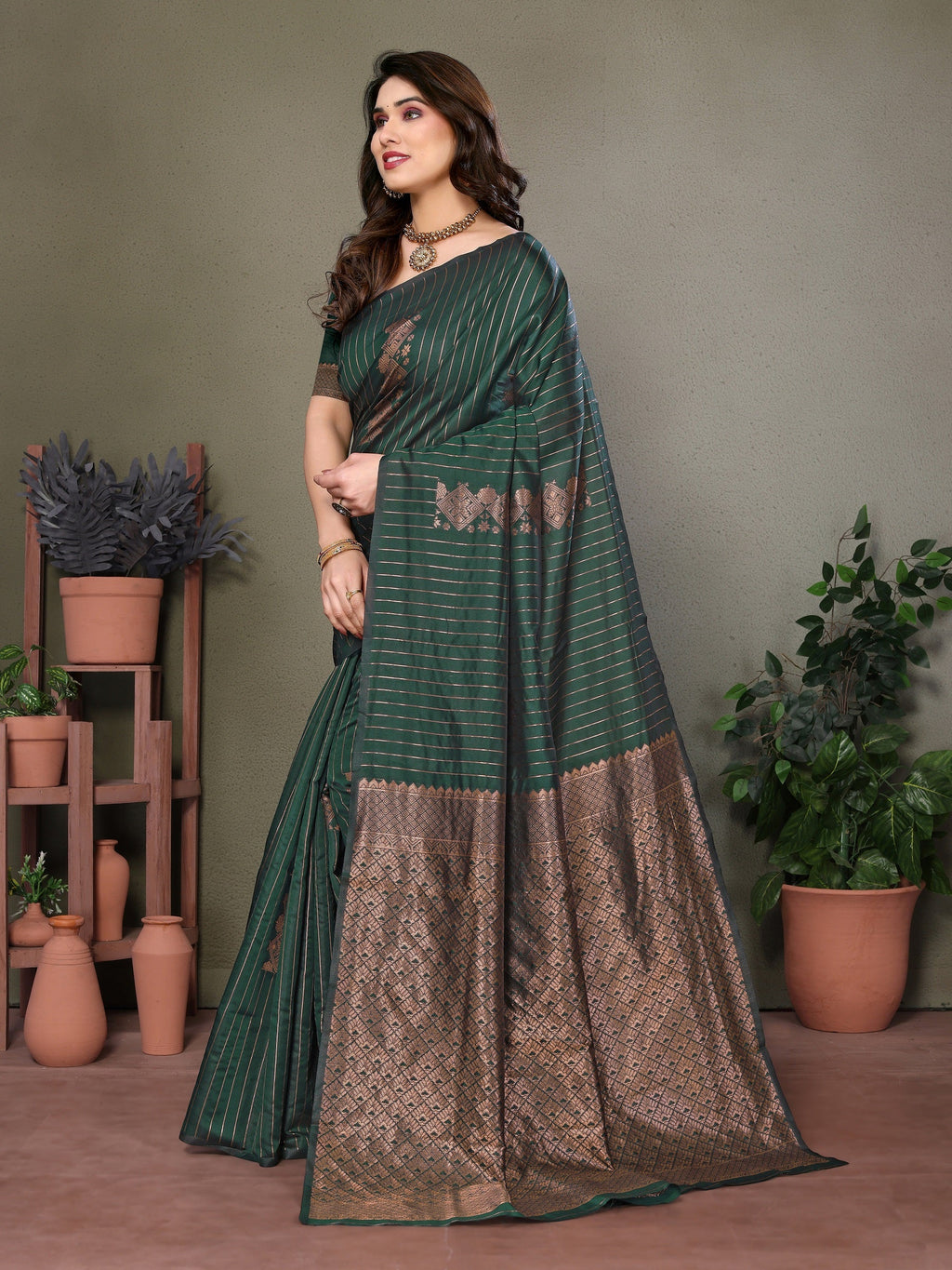 Vedant Vastram Litchi Silk Banarasi Silk Saree - Bottle Green | Grocsy