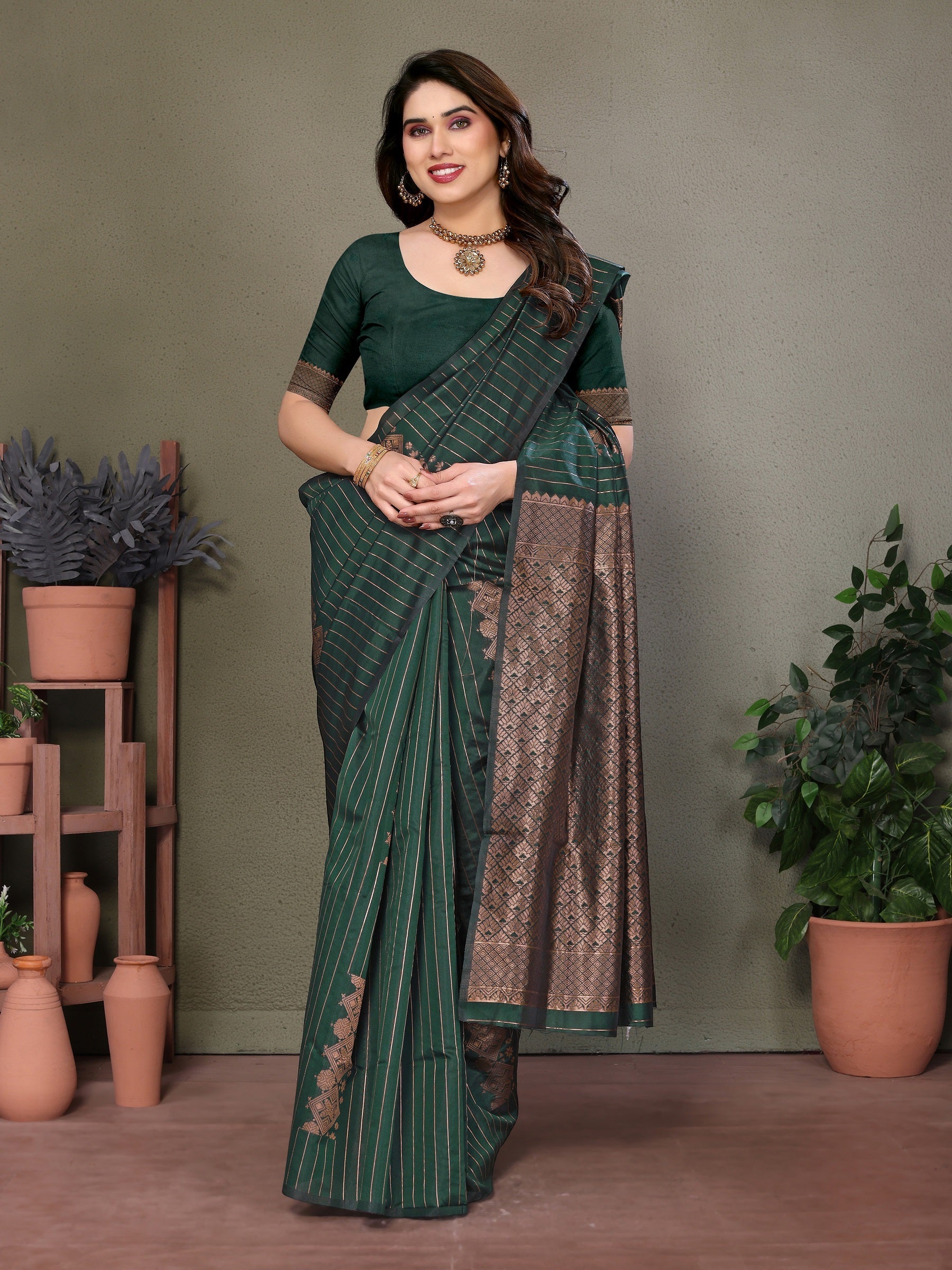 Vedant Vastram Litchi Silk Banarasi Silk Saree - Bottle Green | Grocsy
