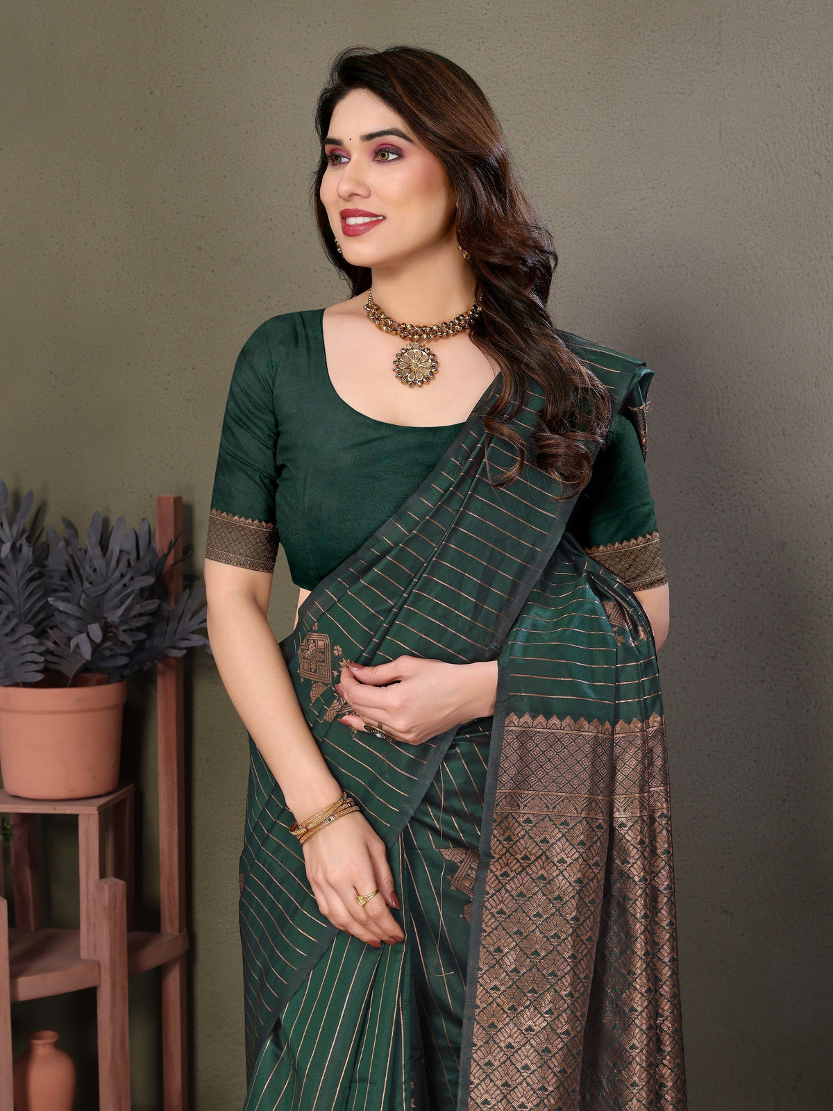 Vedant Vastram Litchi Silk Banarasi Silk Saree - Bottle Green | Grocsy