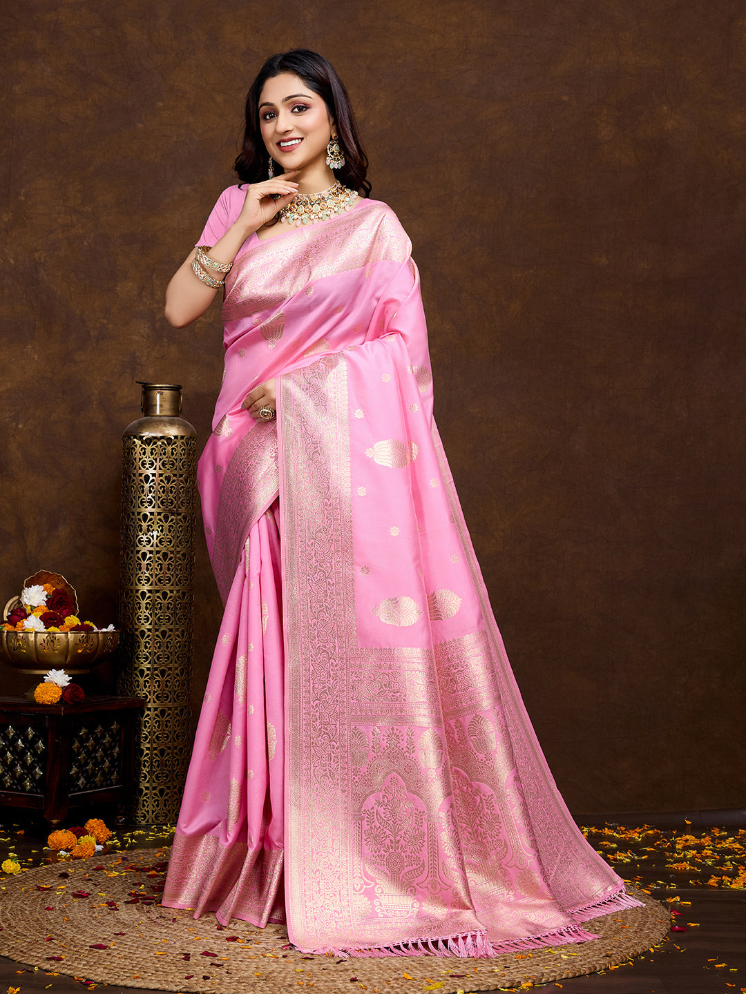 Vedant Vastram Banarasi Silk Fashion Saree - Pink | Grocsy