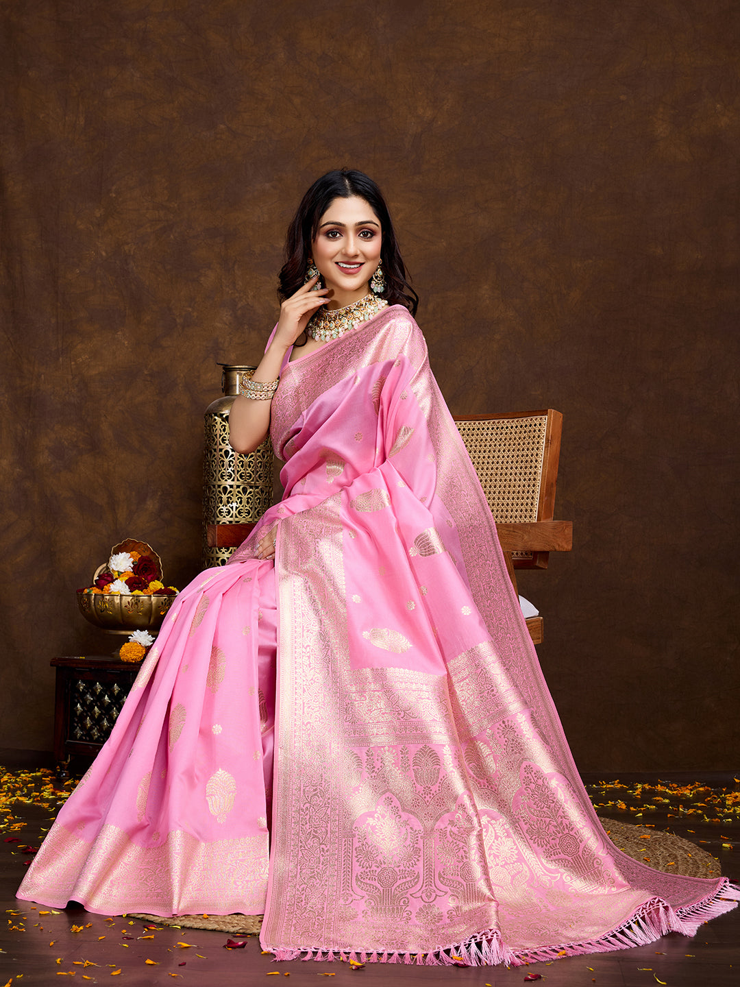 Vedant Vastram Banarasi Silk Fashion Saree - Pink | Grocsy