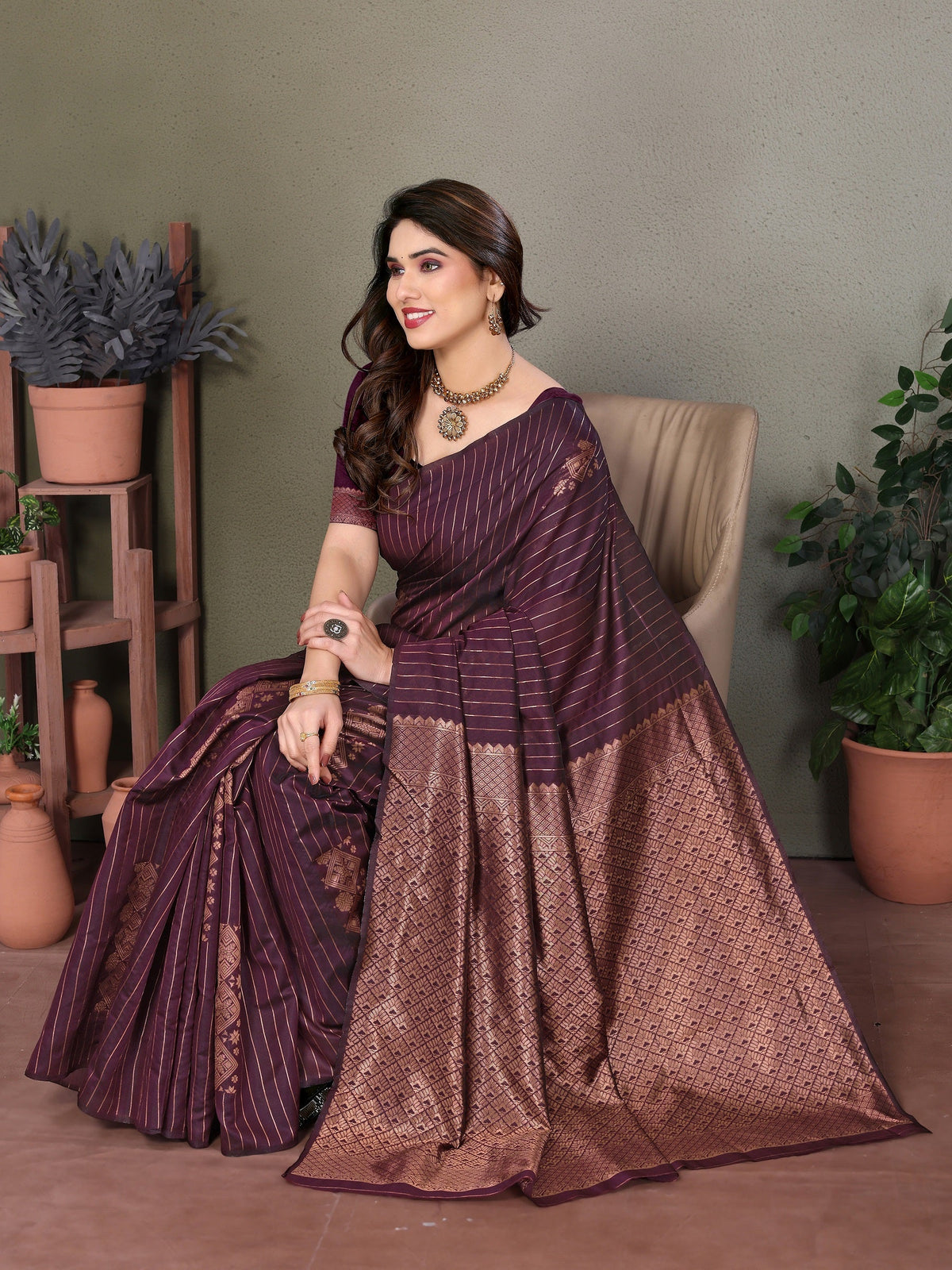 Vedant Vastram Litchi Silk Banarasi Silk Saree - Wine | Grocsy