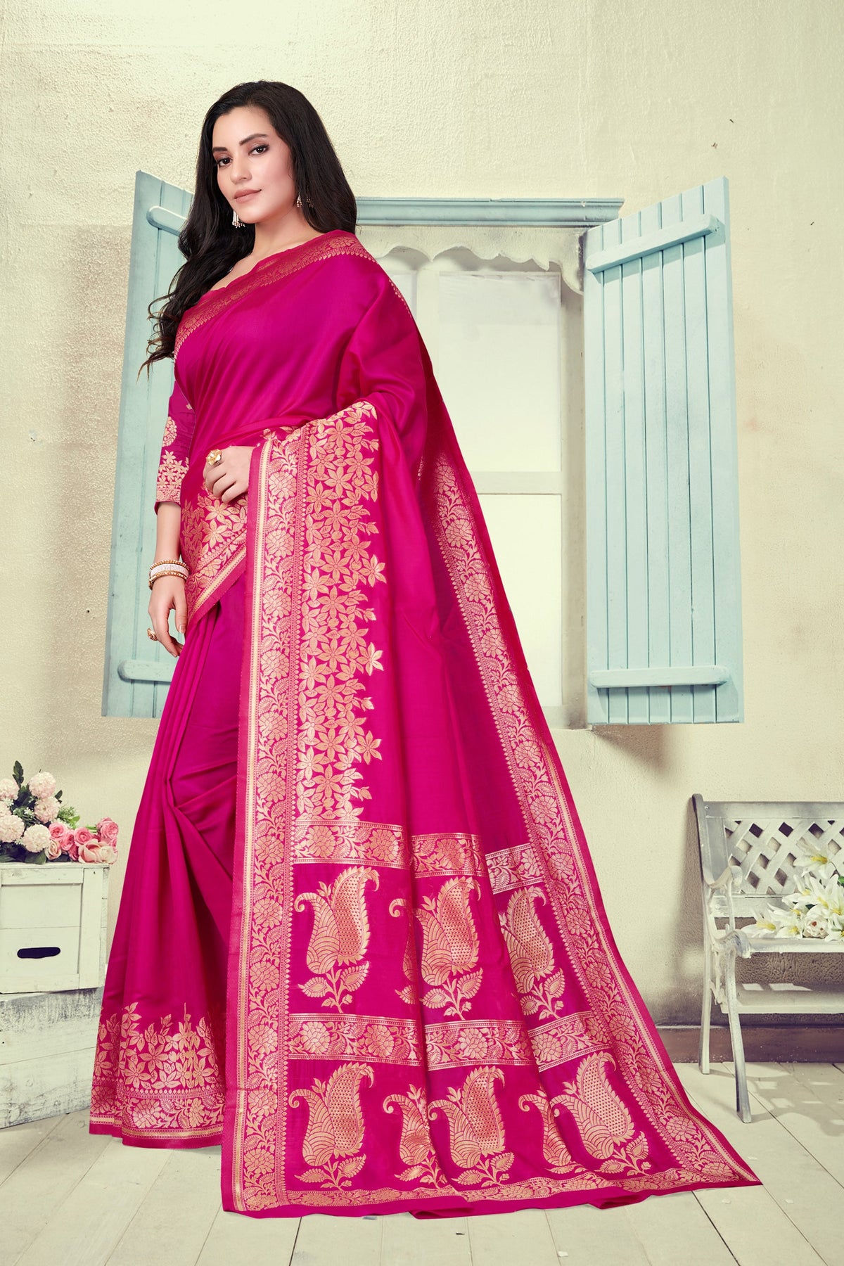 Vedant Vastram Litchi Silk Designer Banarasi Saree - Magenta | Grocsy