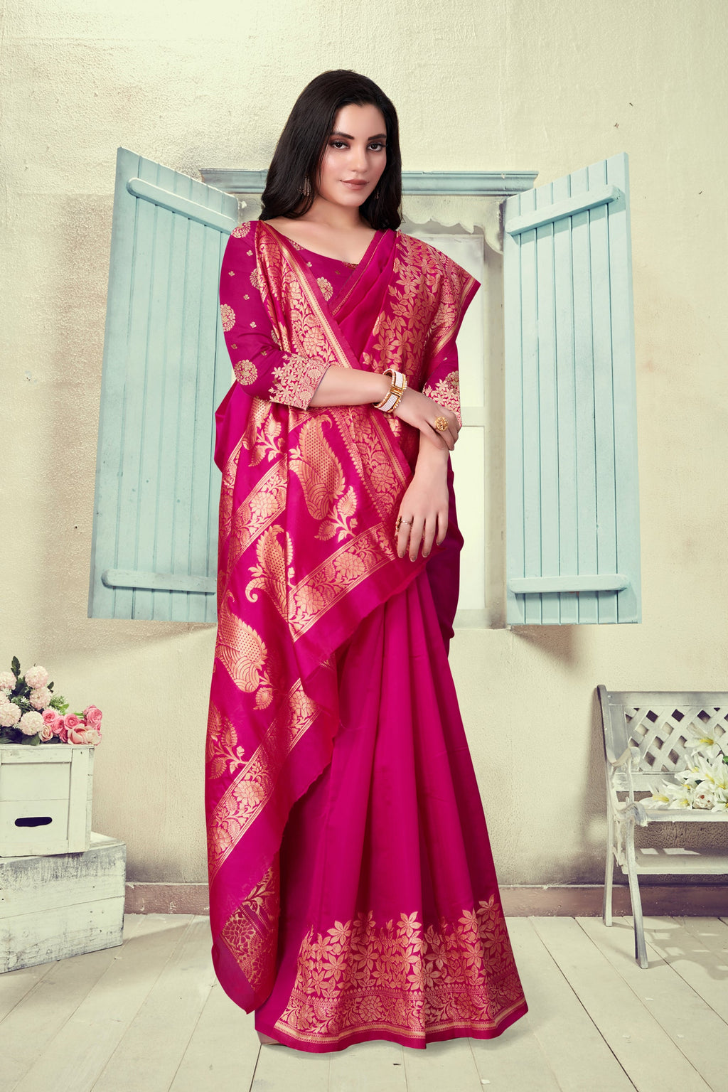 Vedant Vastram Litchi Silk Designer Banarasi Saree - Magenta | Grocsy