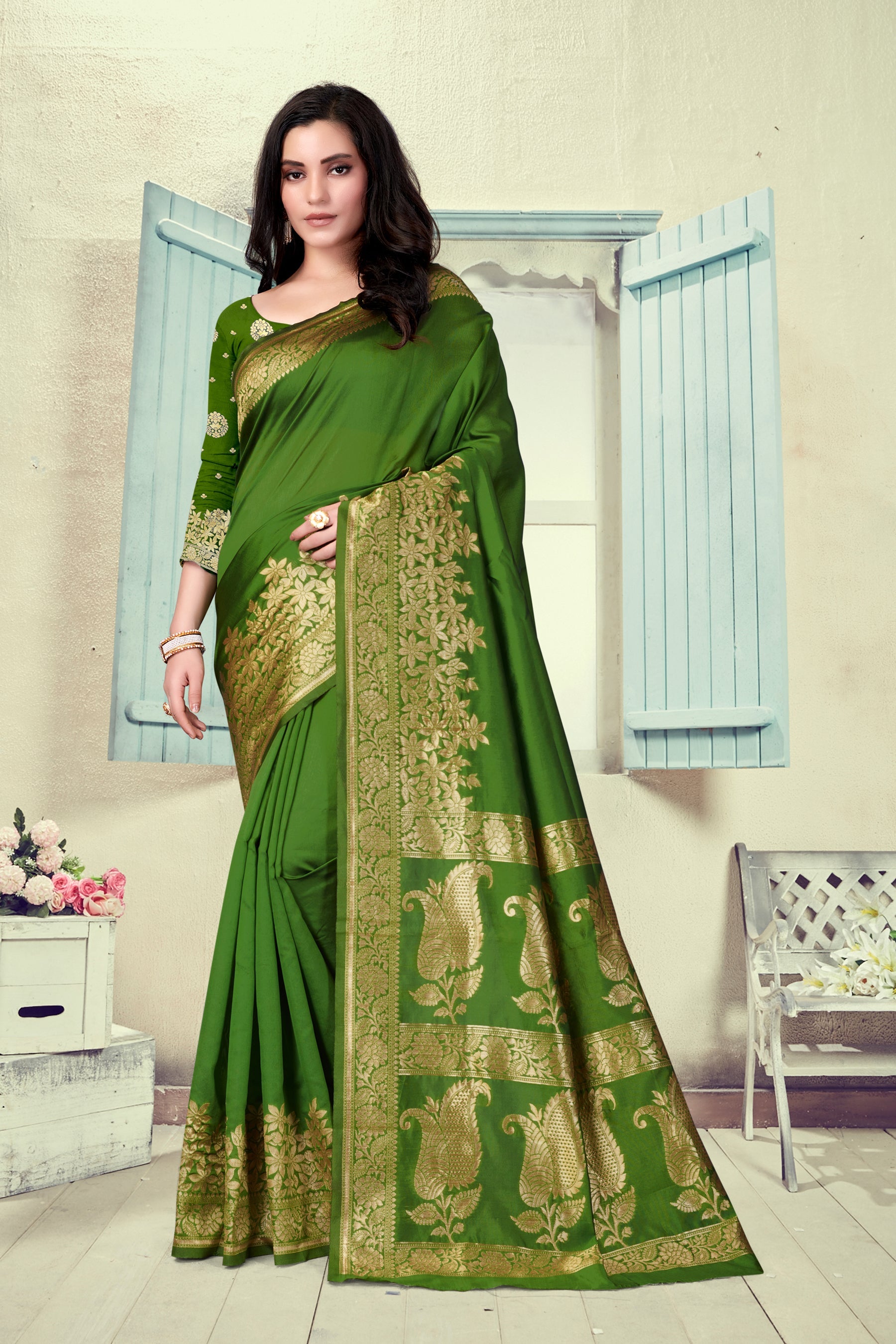 Vedant Vastram Litchi Silk Designer Banarasi Saree - Mehndi | Grocsy