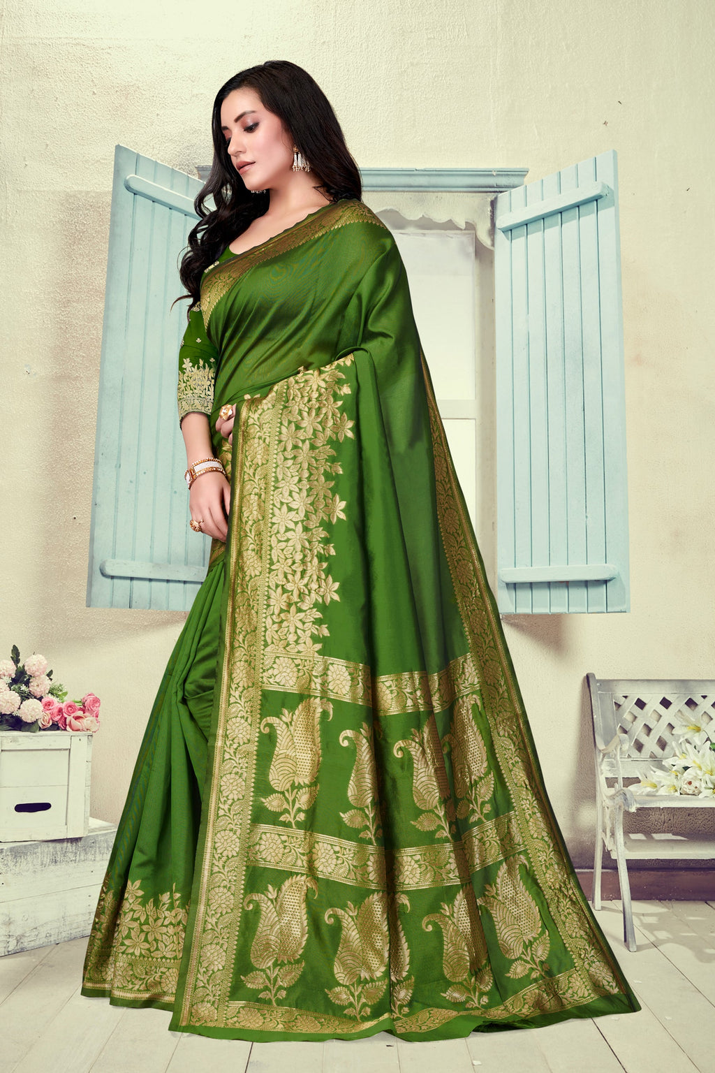 Vedant Vastram Litchi Silk Designer Banarasi Saree - Mehndi | Grocsy
