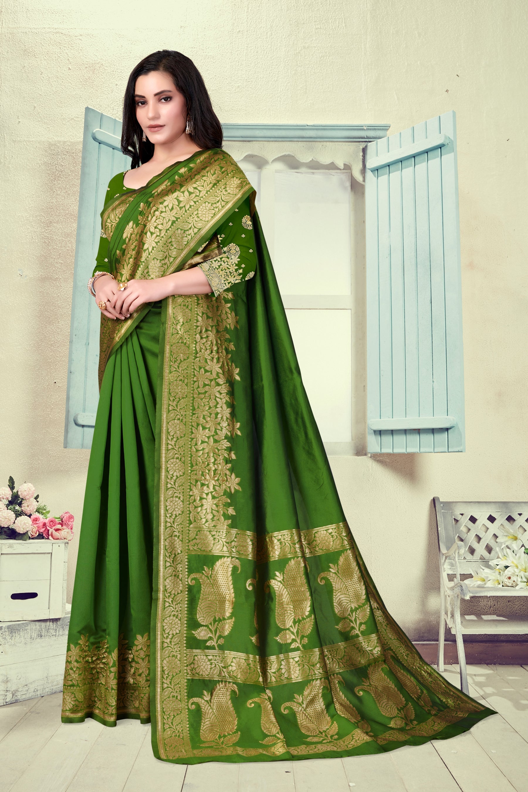 Vedant Vastram Litchi Silk Designer Banarasi Saree - Mehndi | Grocsy