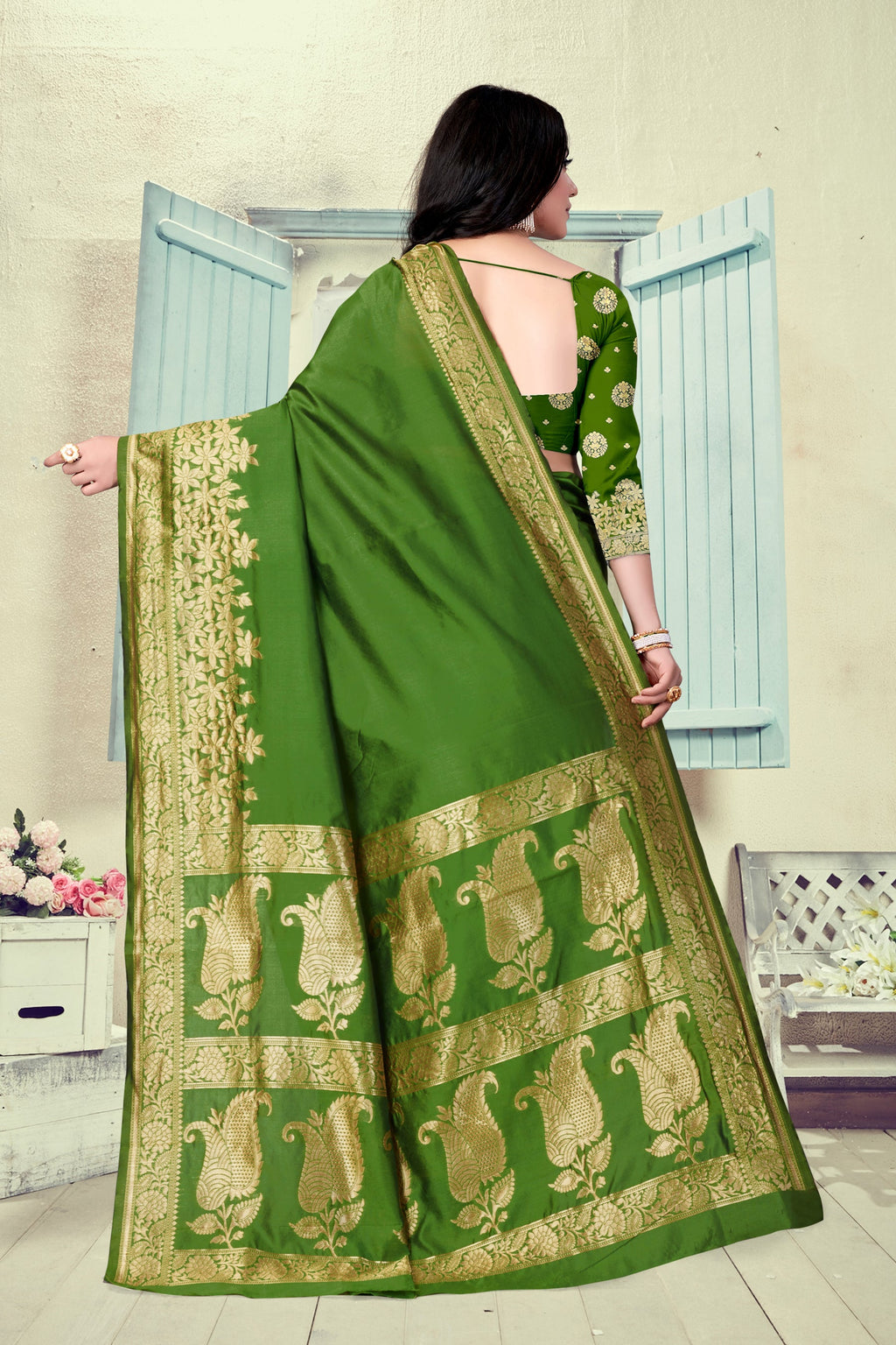 Vedant Vastram Litchi Silk Designer Banarasi Saree - Mehndi | Grocsy