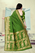 Vedant Vastram Litchi Silk Designer Banarasi Saree - Mehndi | Grocsy