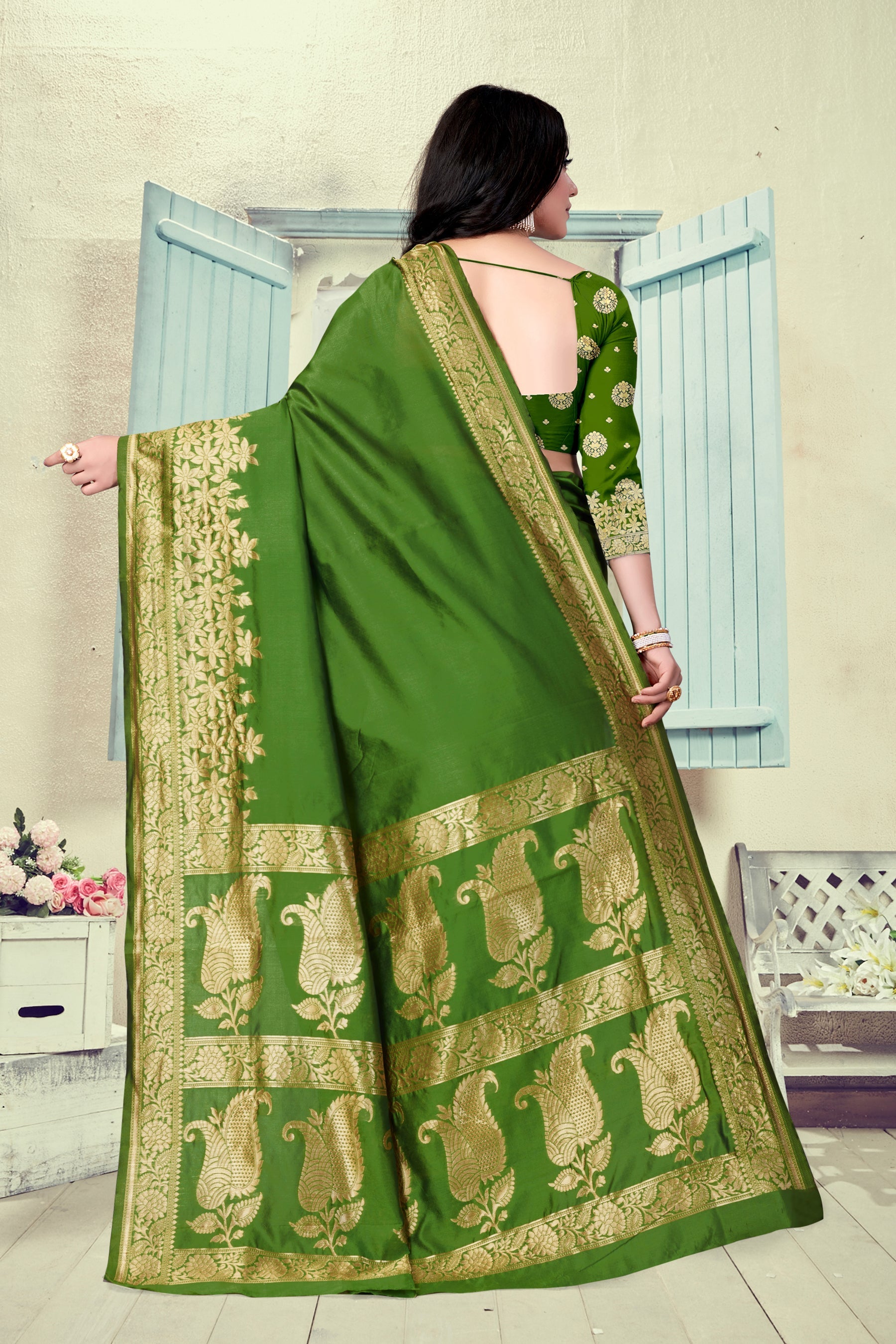 Vedant Vastram Litchi Silk Designer Banarasi Saree - Mehndi | Grocsy