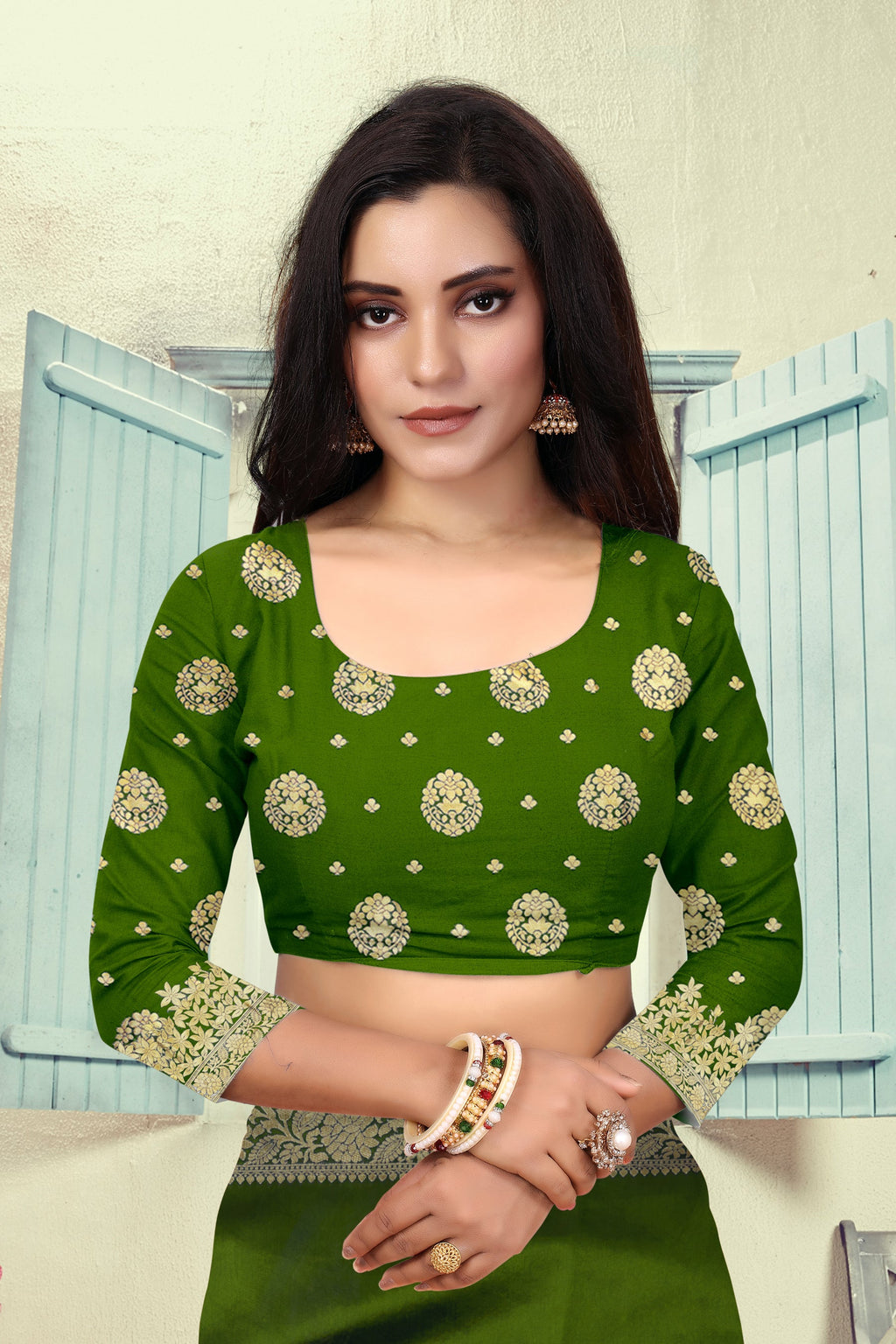 Vedant Vastram Litchi Silk Designer Banarasi Saree - Mehndi | Grocsy