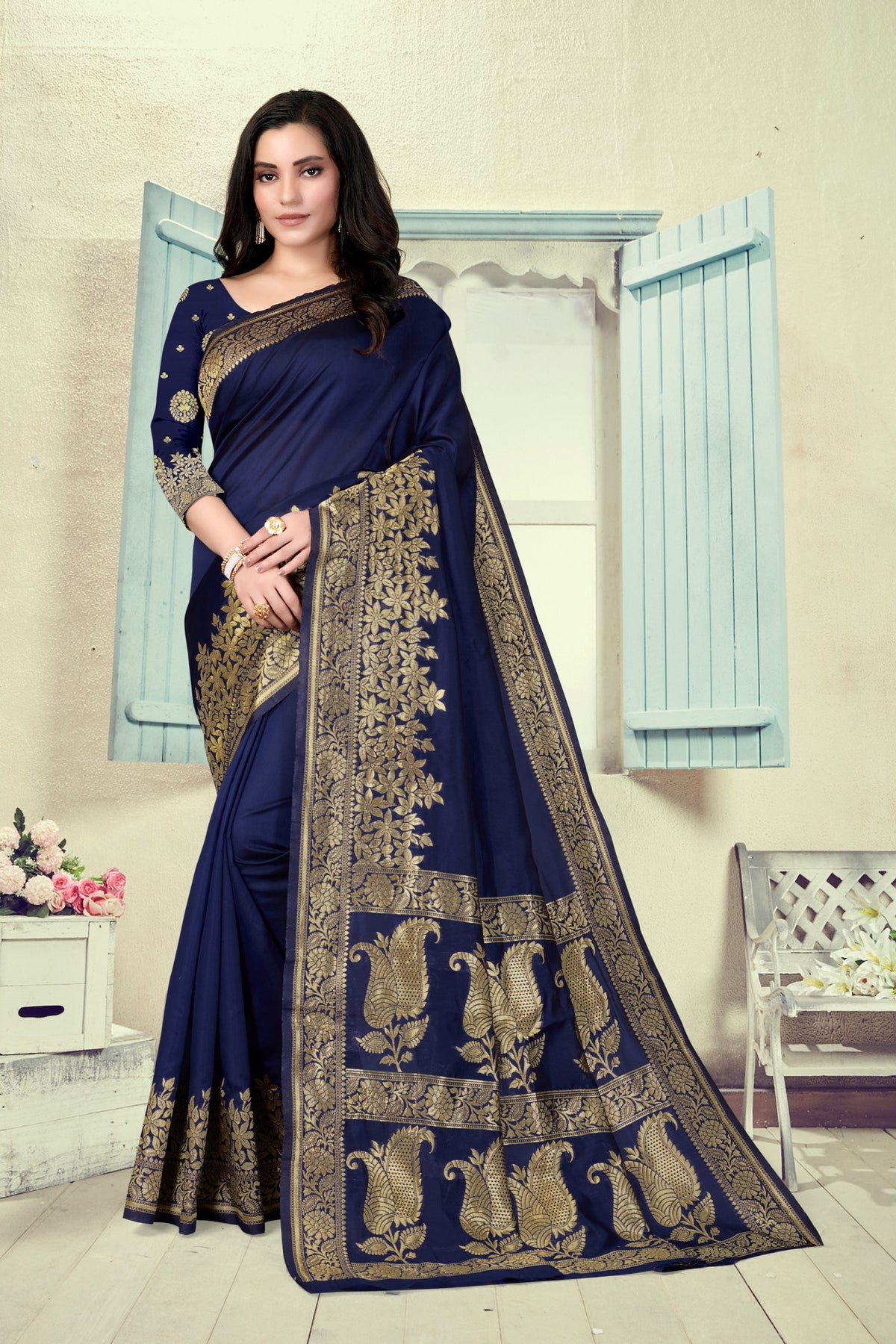 Vedant Vastram Litchi Silk Designer Banarasi Saree - Navy Blue | Grocsy