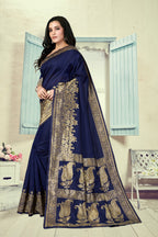 Vedant Vastram Litchi Silk Designer Banarasi Saree - Navy Blue | Grocsy