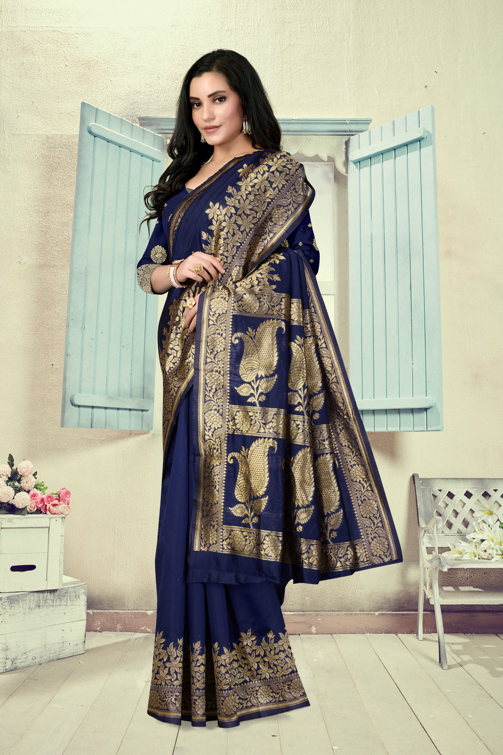 Vedant Vastram Litchi Silk Designer Banarasi Saree - Navy Blue | Grocsy