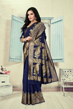 Vedant Vastram Litchi Silk Designer Banarasi Saree - Navy Blue | Grocsy