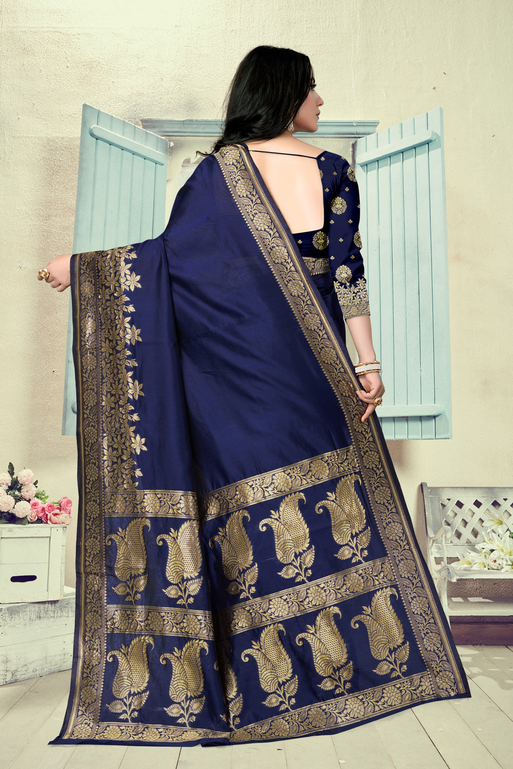Vedant Vastram Litchi Silk Designer Banarasi Saree - Navy Blue | Grocsy