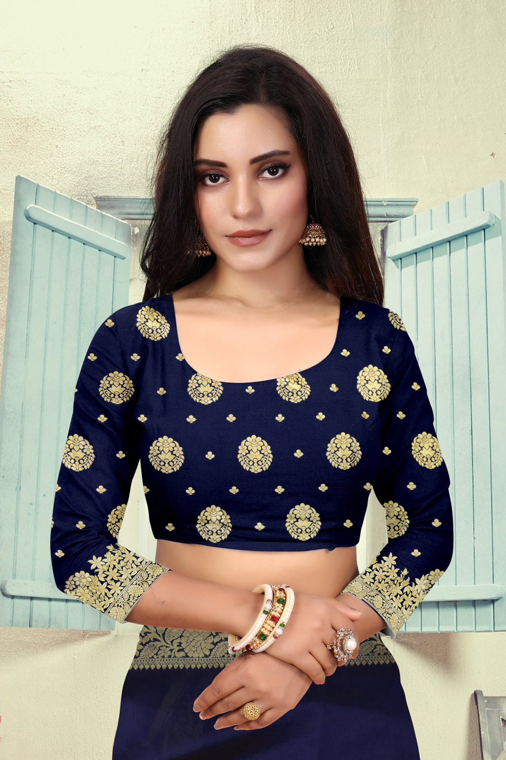 Vedant Vastram Litchi Silk Designer Banarasi Saree - Navy Blue | Grocsy