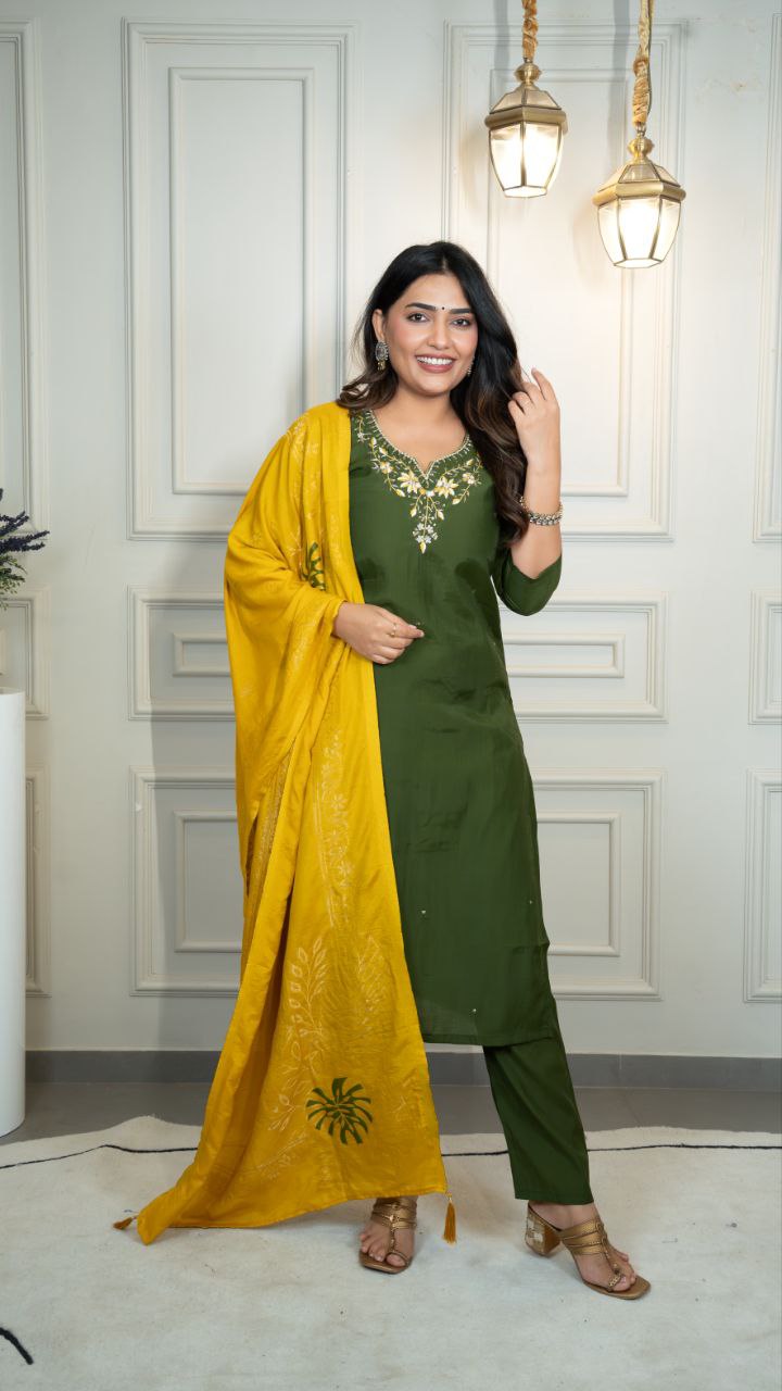 Lorenvalley Fashion Mahendi Roman Silk Hand Work Kurta Pant with Dupatta | Grocsy