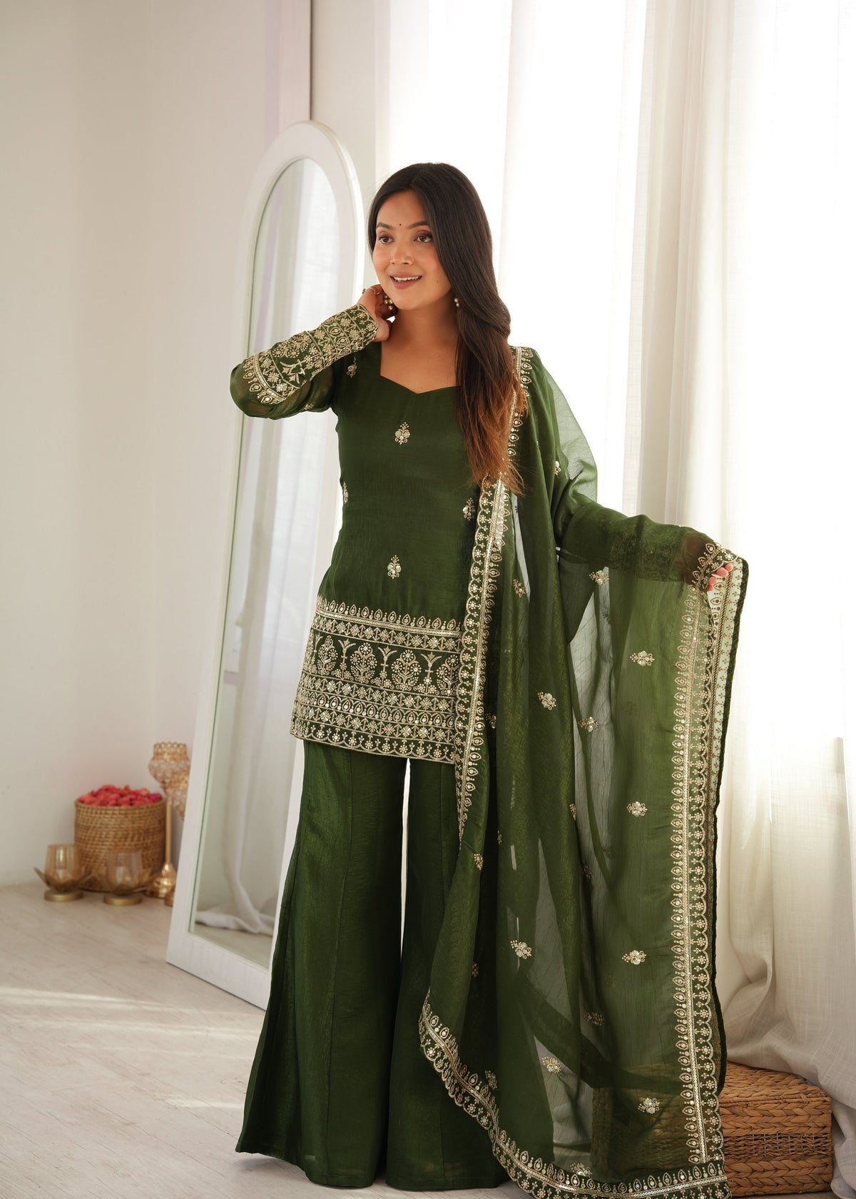 Lorenvalley Fashion Mehendi Crunchy Silk with Embroidery Sequence and Jari Work Kurta Bell Bottom Pant with Dupatta | Grocsy