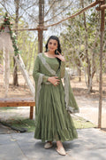 Evanik Mehendi Faux Blooming Gown With Dupatta With Rich Sequins Embroidered work | Grocsy
